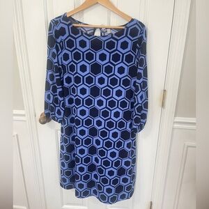 Madison Women’s Size Large  3/4 Sleeve Blue Black Geometric Dress